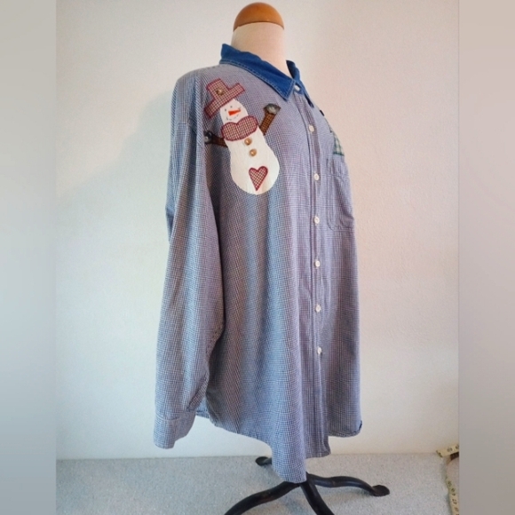 Vtg Haiks Blue Check Button Down Top  Embroidered Snowman, Tree Women's SZ 3X - Picture 3 of 8